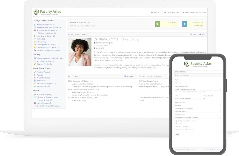 Faculty Atlas dashboard displayed on desktop and mobile