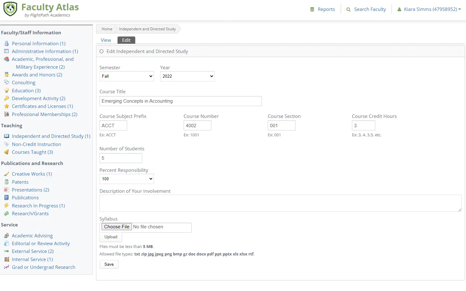 Screenshot of Faculty Atlas with a faculty member entering information.