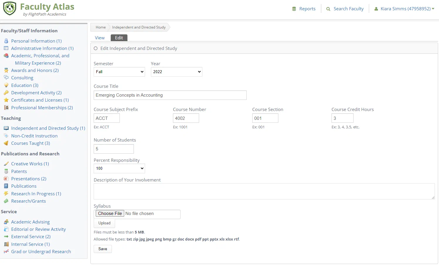 Screenshot of Faculty Atlas with a faculty member entering information.