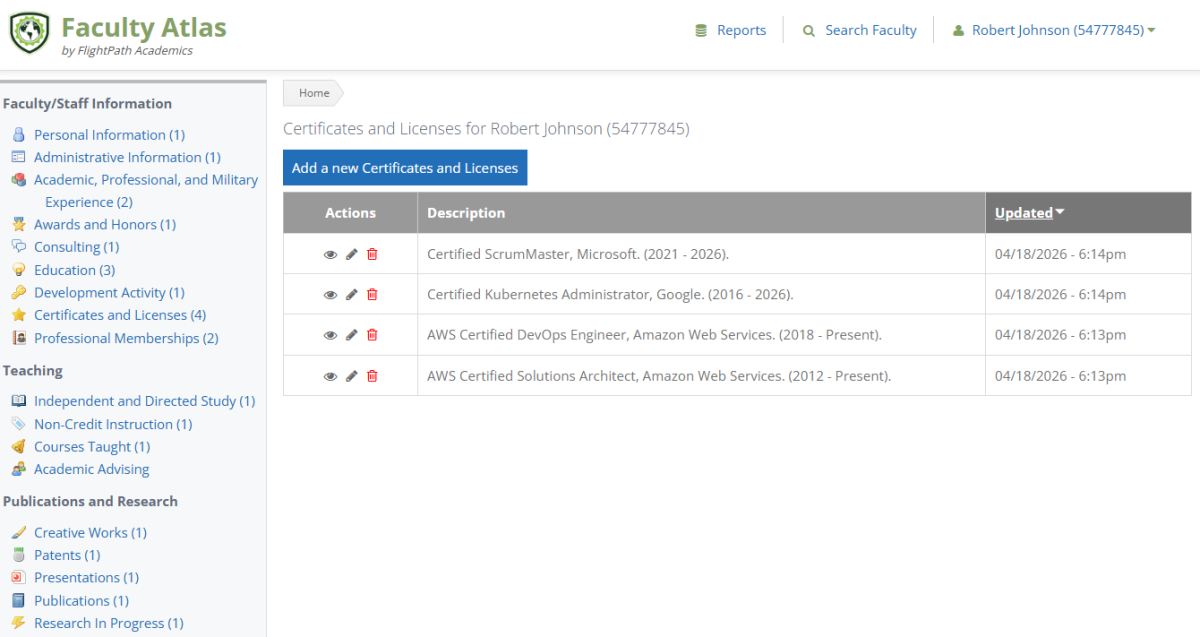 Faculty Atlas helps track certificates and professional licenses